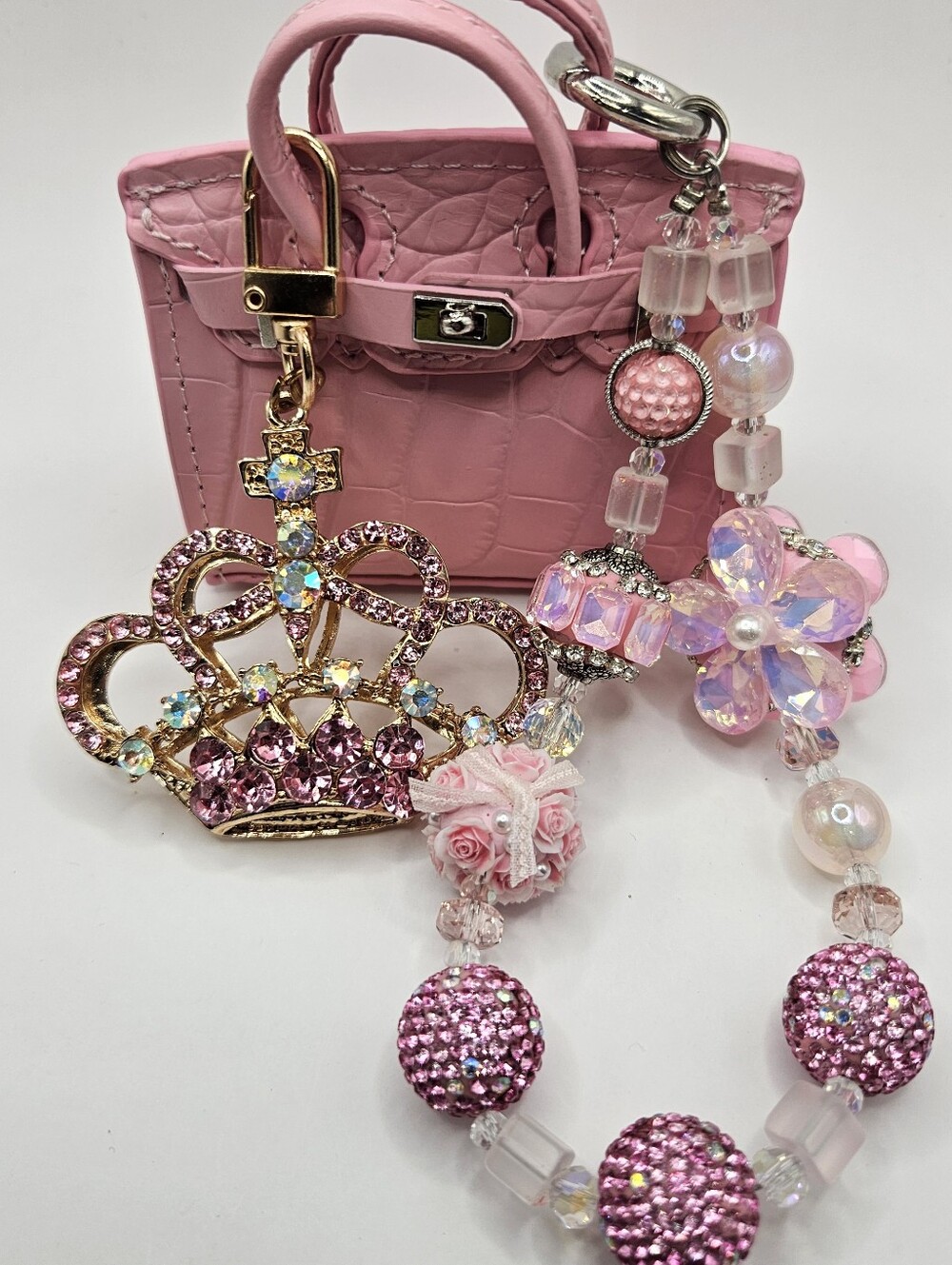 Pink Leather Minibag With Rhinestone Crown Charm And Chain
